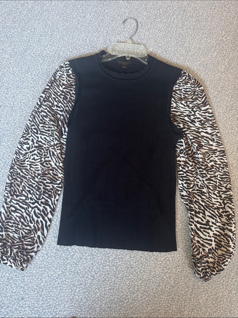 Current Air Black Sweater with Brown and Cream Animal Print Puff Sleeves